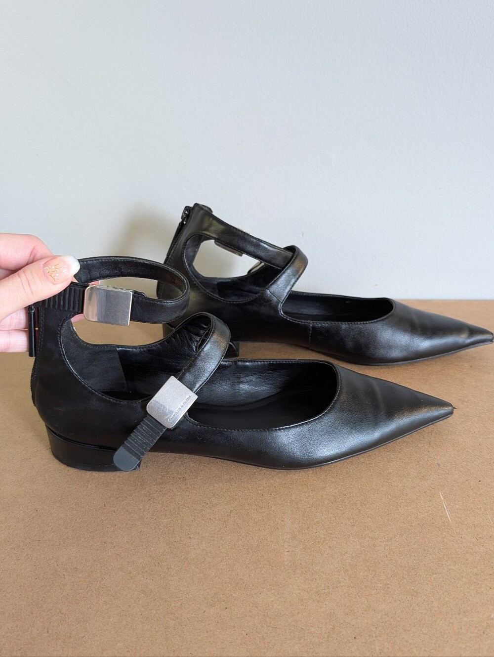 Charles & Keith Black Robbie Pointed Mary Jane Flats, Size EU 38